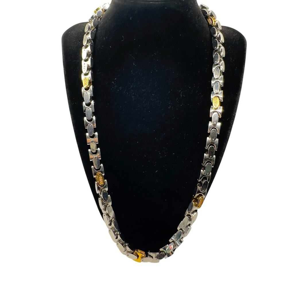 Heavy Stainless Steel Necklace Cube Linked Chunky Biker 2 Toned CZ Accents 22"